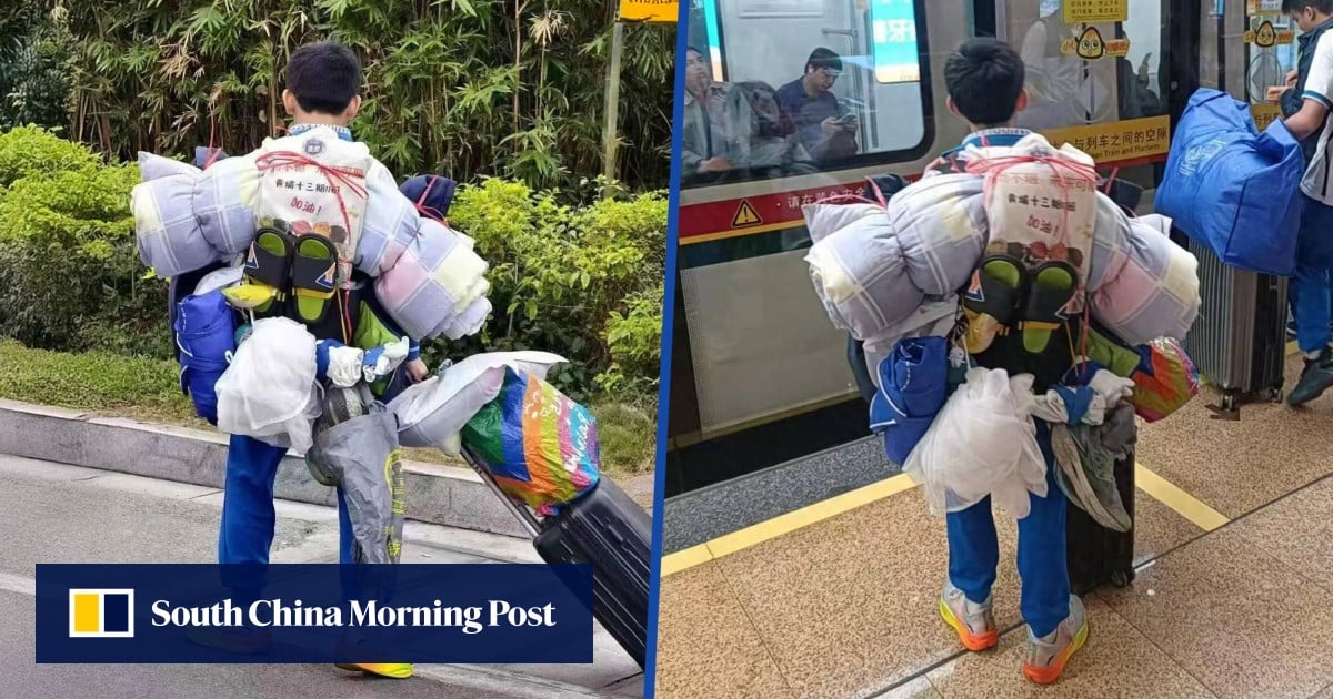 Small-built China pupil praised for carrying large bulk of luggage on his way home for New Year