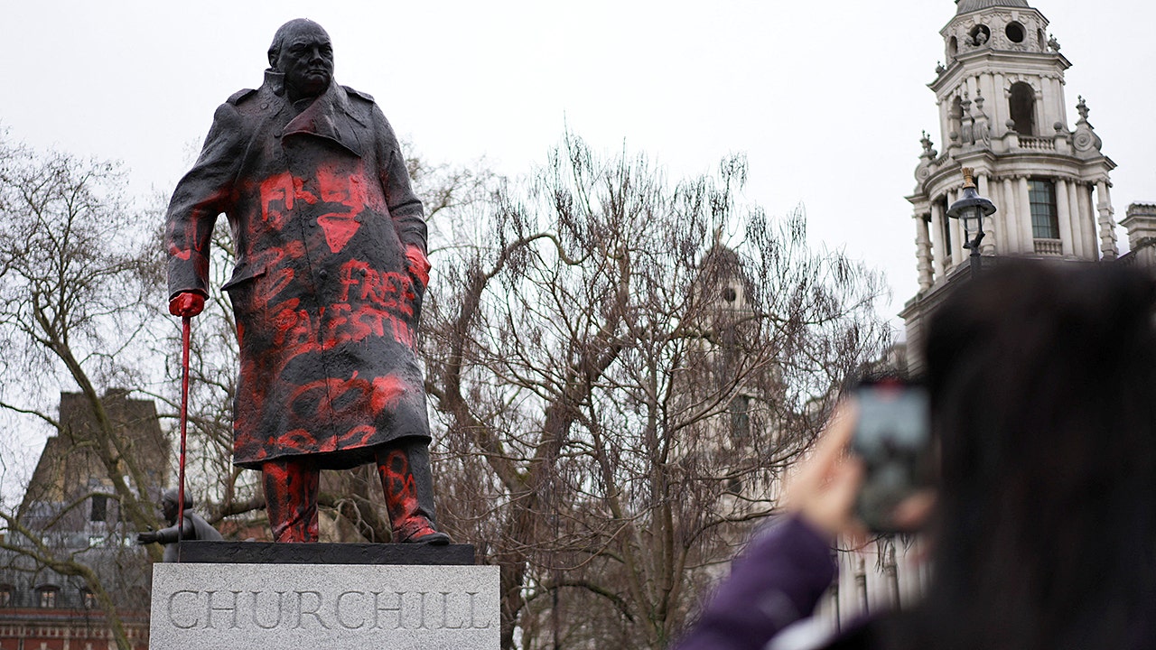 Churchill statue in London defaced with anti-Israel messages