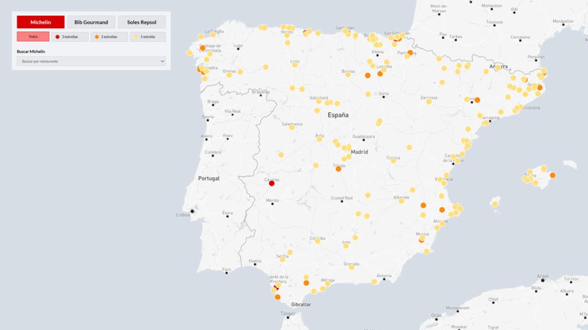 
                                  Mapa de todos los restaurantes de las guías Michelin y Repsol
                              