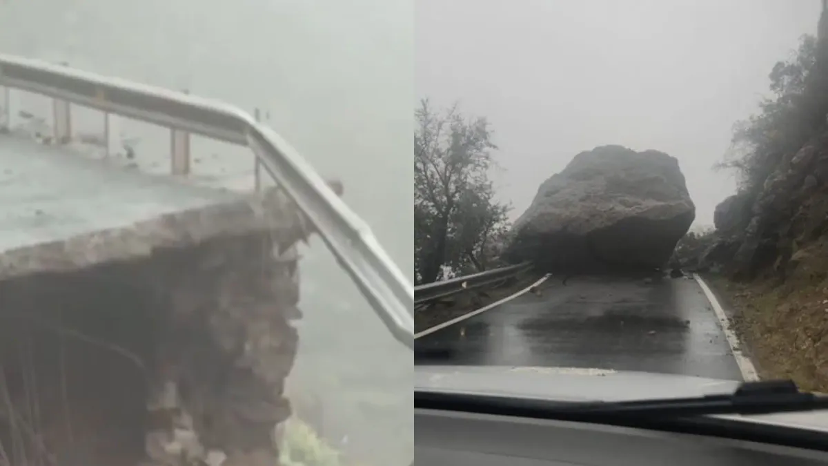 
         Impactantes imágenes de efectos de Therese en Canarias: una carretera se hunde en un acantilado, una roca gigante en la calzada... 
    