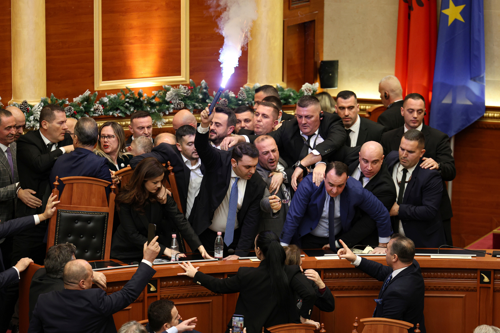 Flare and fighting in Albanian parliament dispute