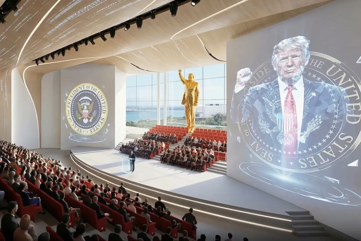 Trump comparte un vídeo de su futura biblioteca con una estatua dorada gigante de él