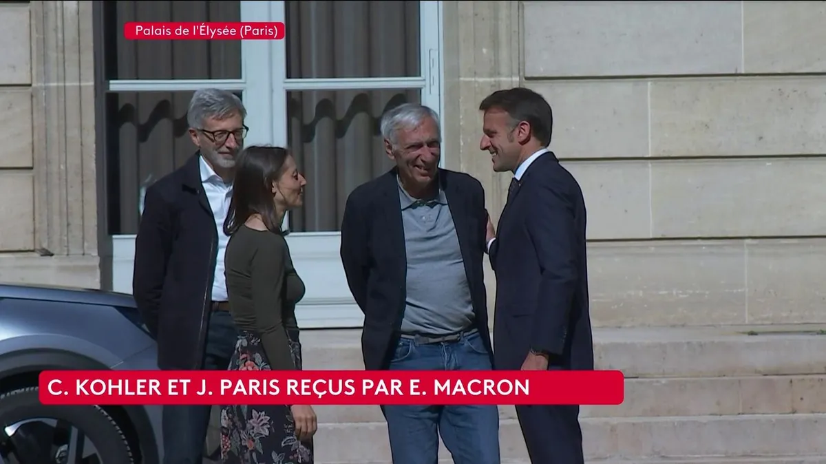 Les premières images des ex-otages en Iran Cécile Kohler et Jacques Paris, accueillis par Emmanuel Macron à l'Elysée après leur libération