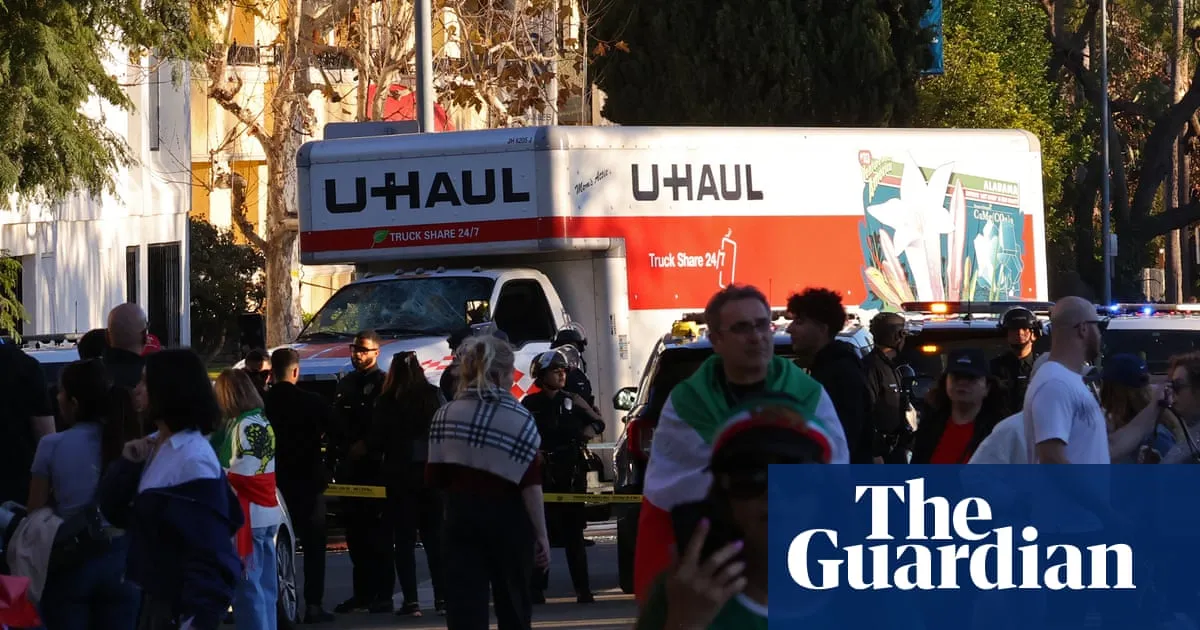 U-Haul truck speeds through Los Angeles march supporting Iranian people