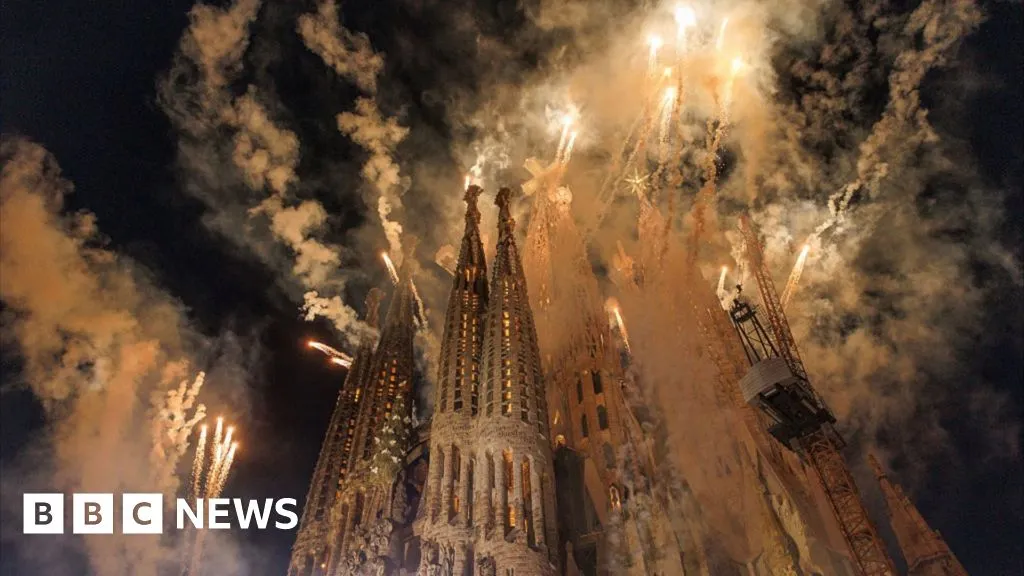 Fireworks illuminate Barcelona's Sagrada Família during Pope visit