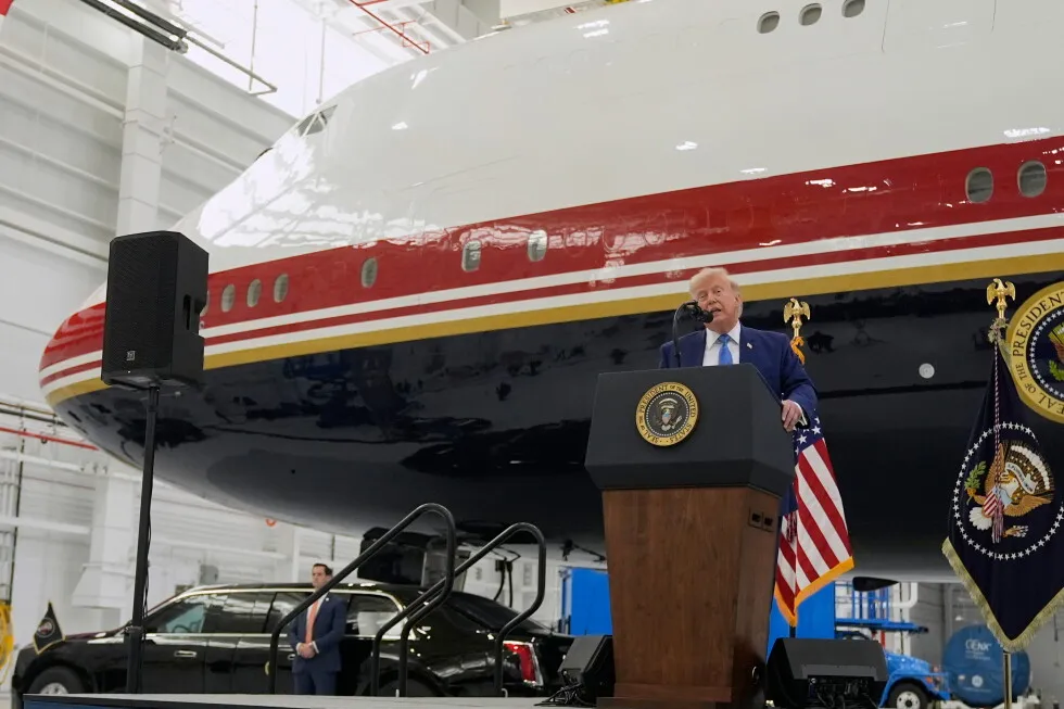 President Donald Trump unveils the new Air Force One, a converted Qatari jet