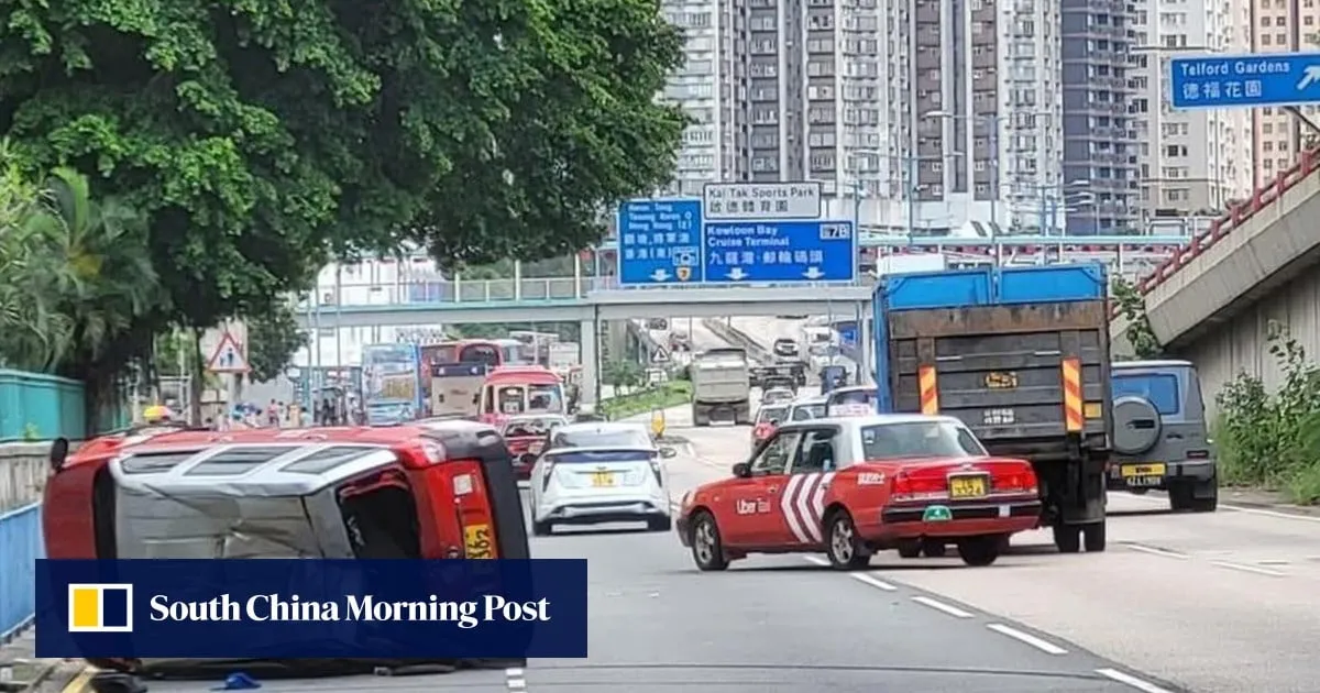Driver, passenger hurt as taxi collides with truck in Hong Kong