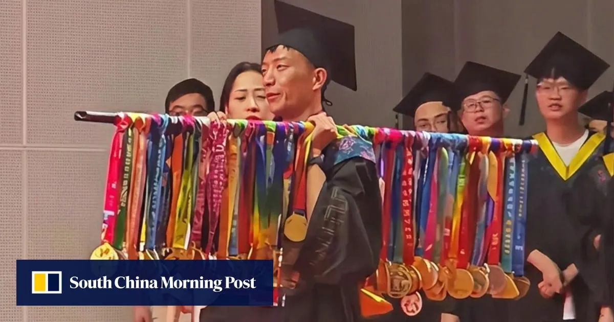 Chinese student displays 70 marathon medals at graduation after running to fund education