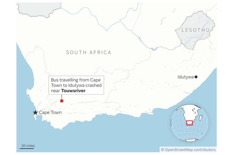 Bus crash in South Africa’s Western Cape leaves 16 dead and 20 injured
