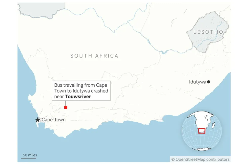 Bus crash in South Africa’s Western Cape leaves 16 dead and 20 injured