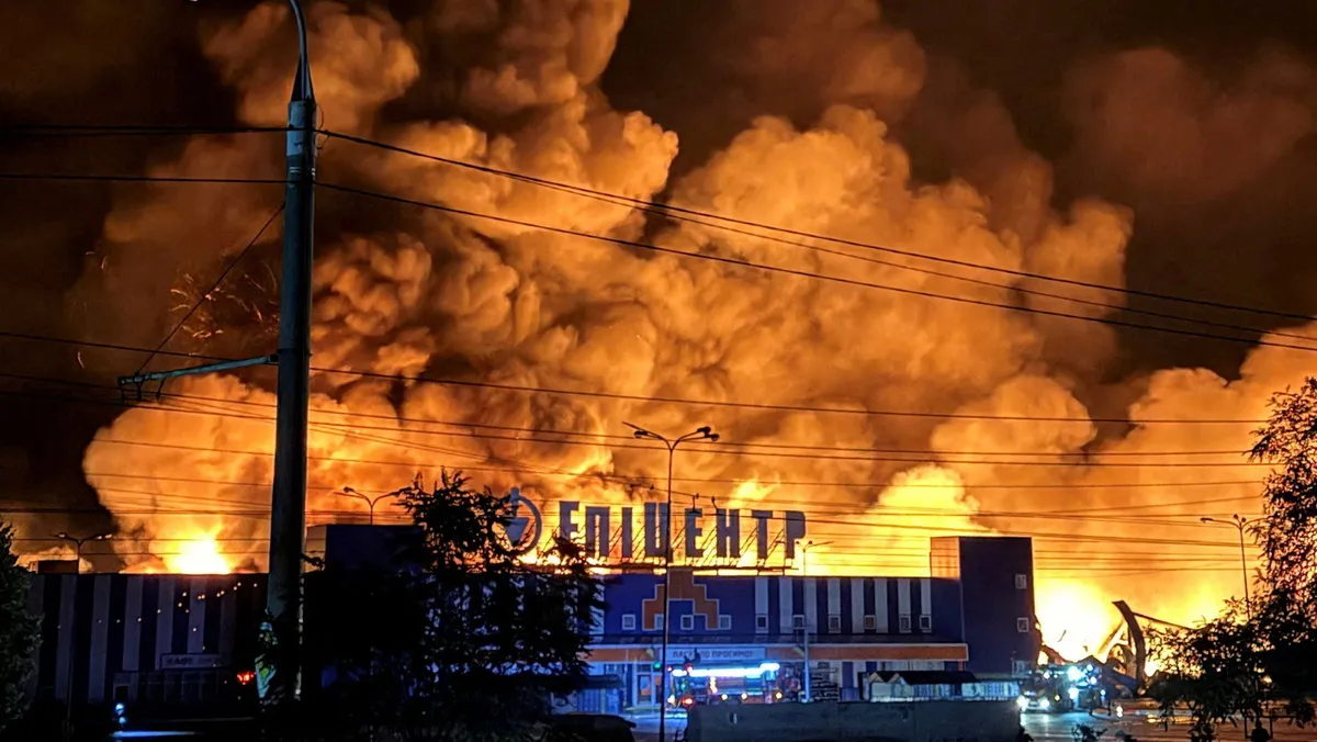 Huge fire at Ukraine shopping centre after Russian drone strike